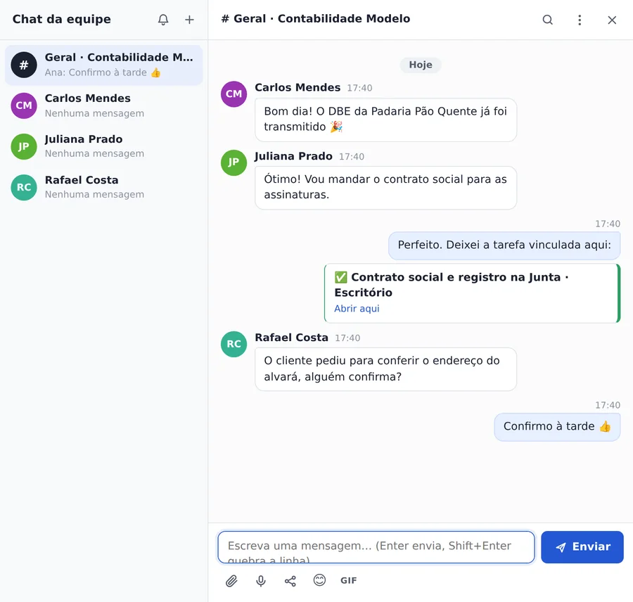 Chat da equipe com mensagens, tarefa vinculada e respostas